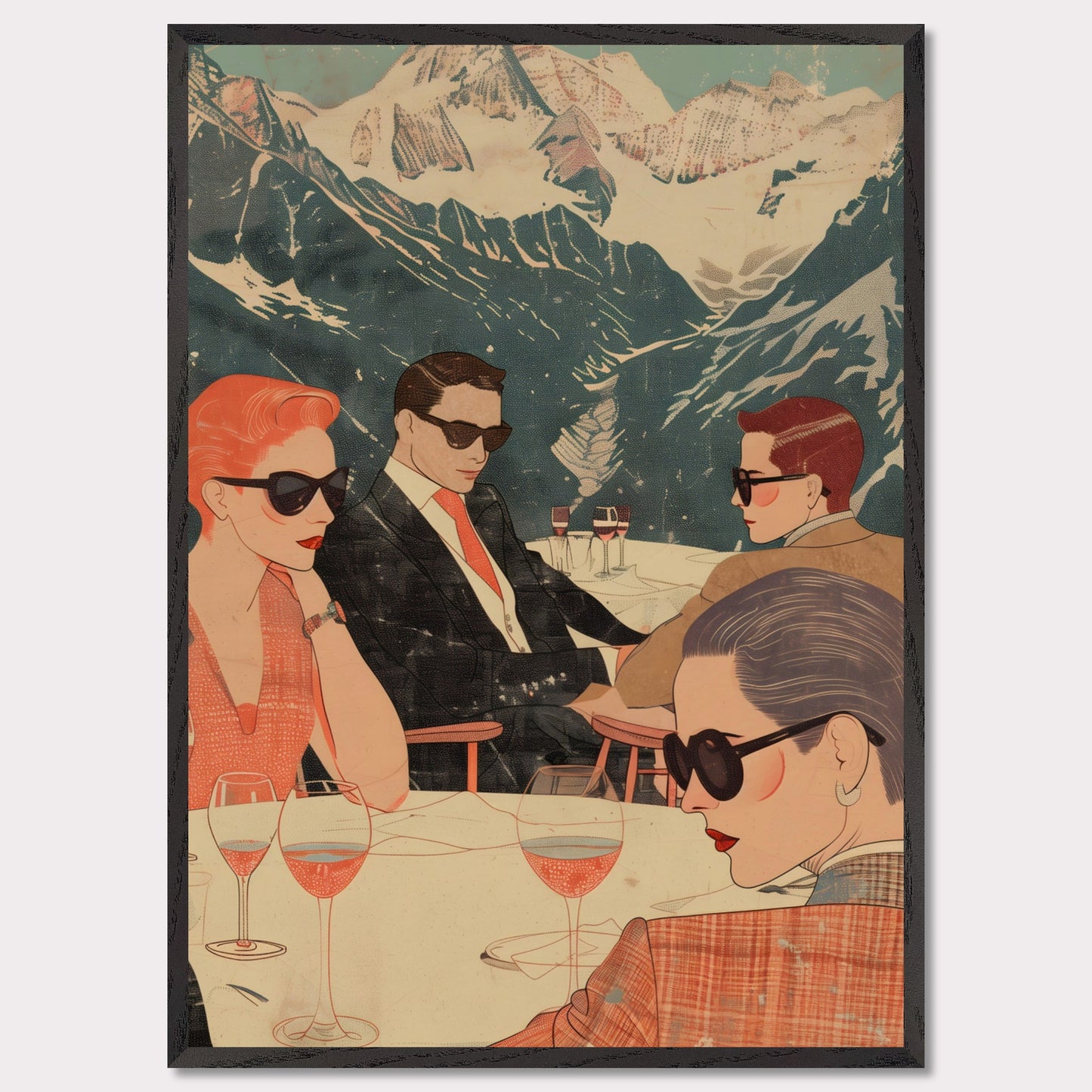 This captivating illustration depicts a stylish group of individuals enjoying a sophisticated gathering with a stunning mountain backdrop.