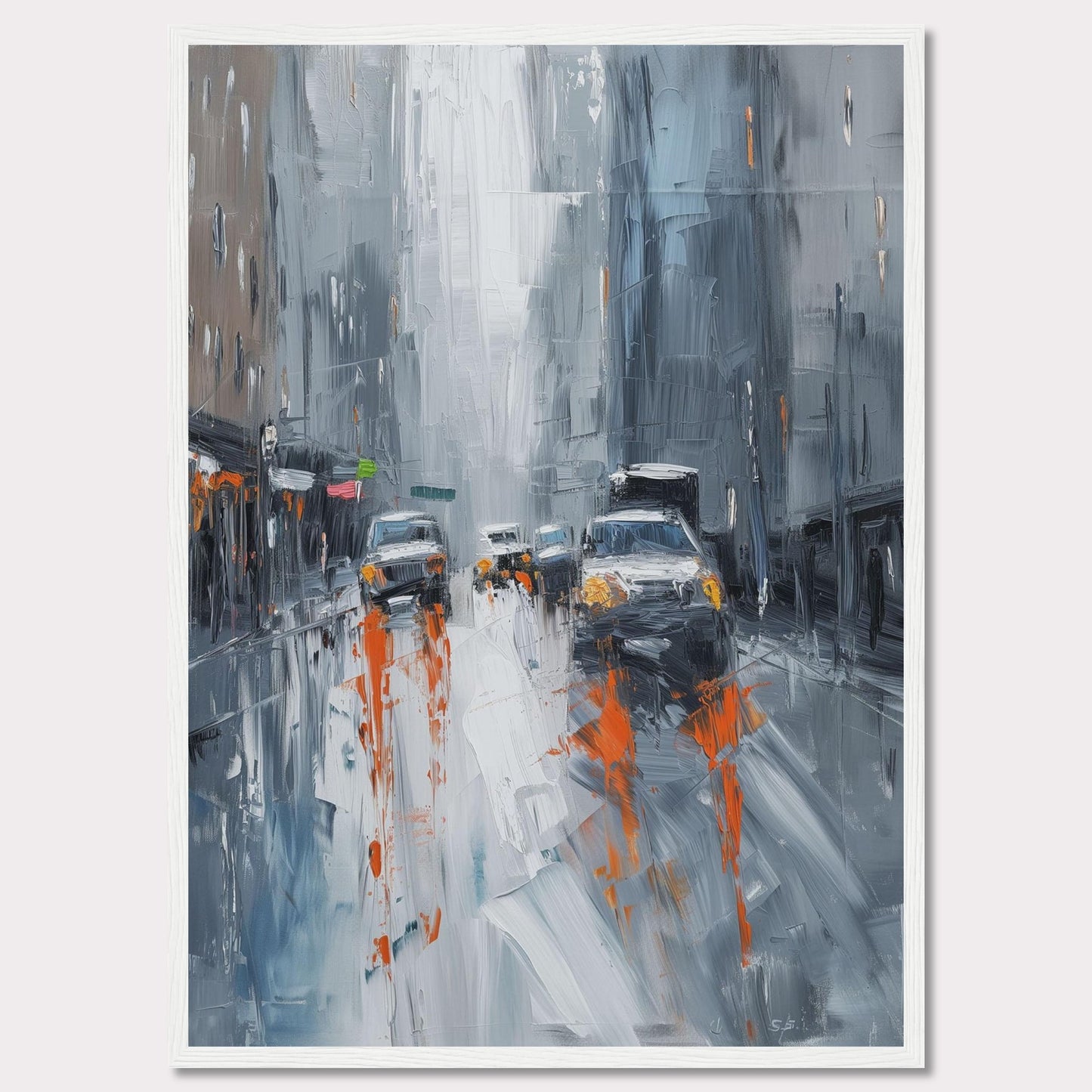 This captivating painting portrays a rainy city street with cars and buildings enveloped in a misty atmosphere. The artist uses bold brushstrokes and a muted color palette with pops of orange to depict the bustling urban scene.