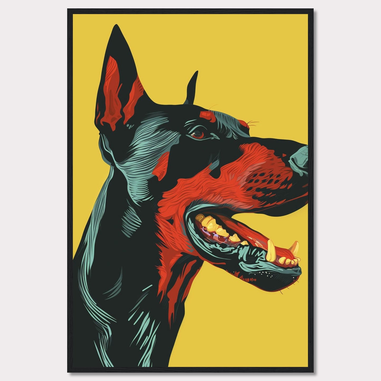 This vibrant artwork features a striking, stylized portrait of a Doberman against a bold yellow background. The detailed illustration showcases the dog's fierce expression with vivid red and black hues, emphasizing its strong and dynamic presence. The piece is framed in a sleek black border, enhancing its modern aesthetic.