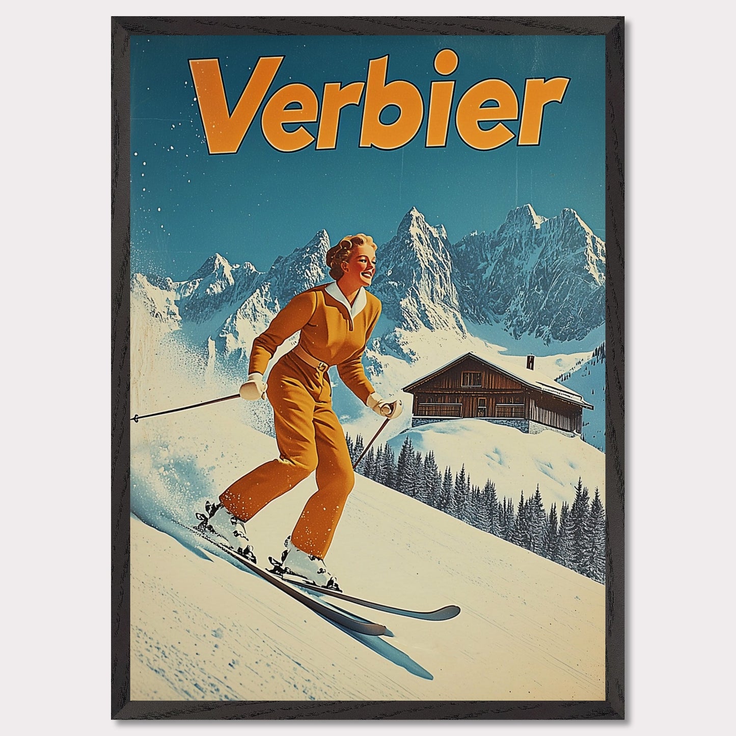 This vibrant retro poster features a cheerful skier dressed in a classic orange ski outfit, gliding down the pristine slopes of Verbier. Behind her, a picturesque alpine chalet sits amidst snow-covered peaks, with a bright blue sky completing the idyllic scene. The bold typography and clean lines enhance the nostalgic charm, inviting viewers to experience the joys of skiing in Verbier.