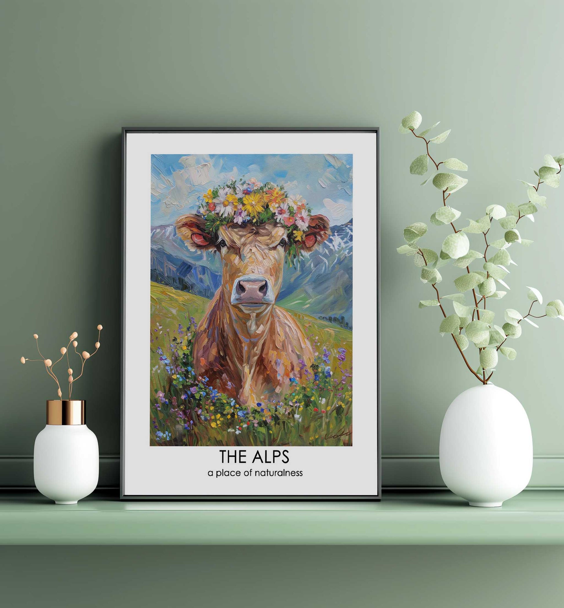 Fluffy cow in a wreath Poster - ArtDarts poster