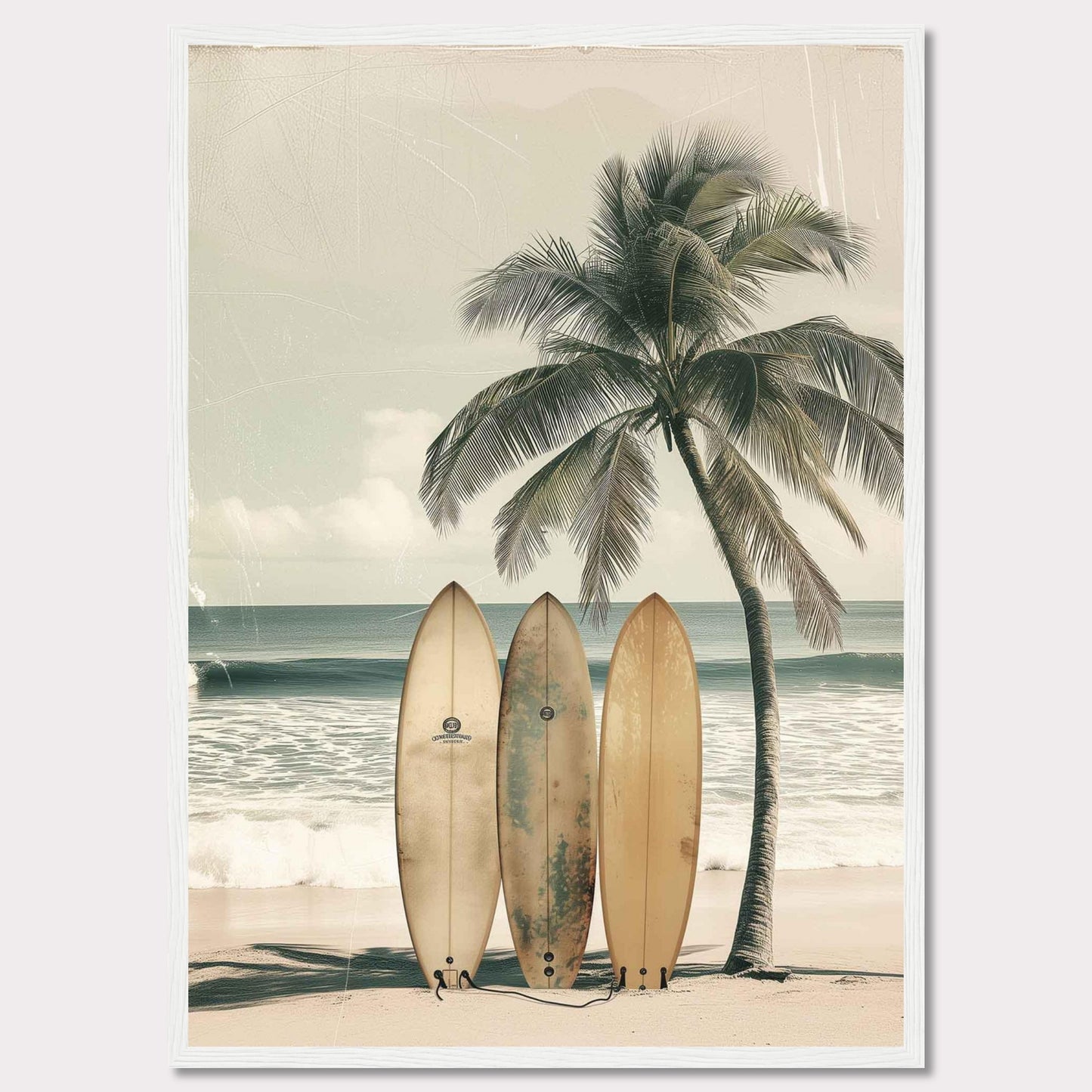 This captivating image features a serene beach scene with three surfboards leaning against a tall, swaying palm tree. The tranquil ocean waves and a clear sky in the background evoke a sense of calm and adventure.