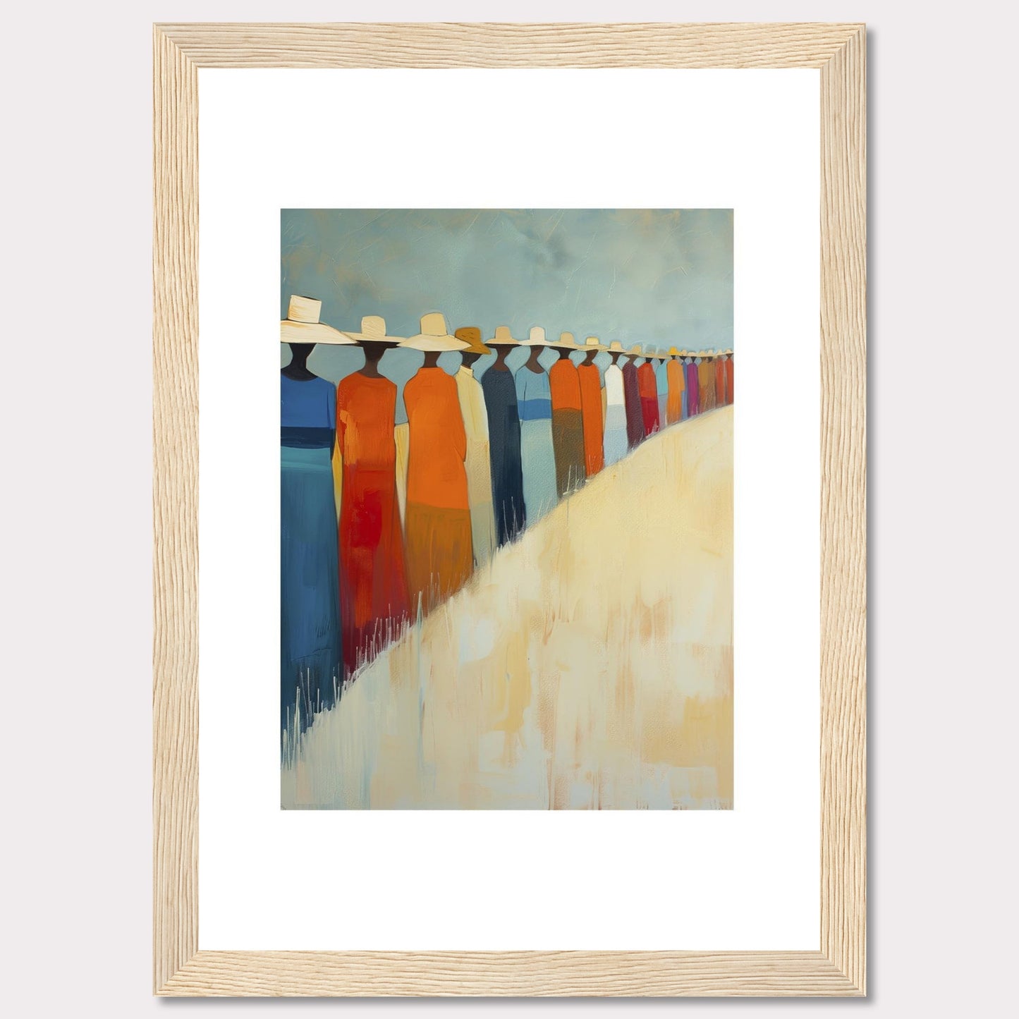 This artwork features a line of abstract figures wearing wide-brimmed hats, standing against a serene backdrop. The figures are dressed in vibrant colors, predominantly orange, blue, and white. The painting exudes a sense of unity and calmness.