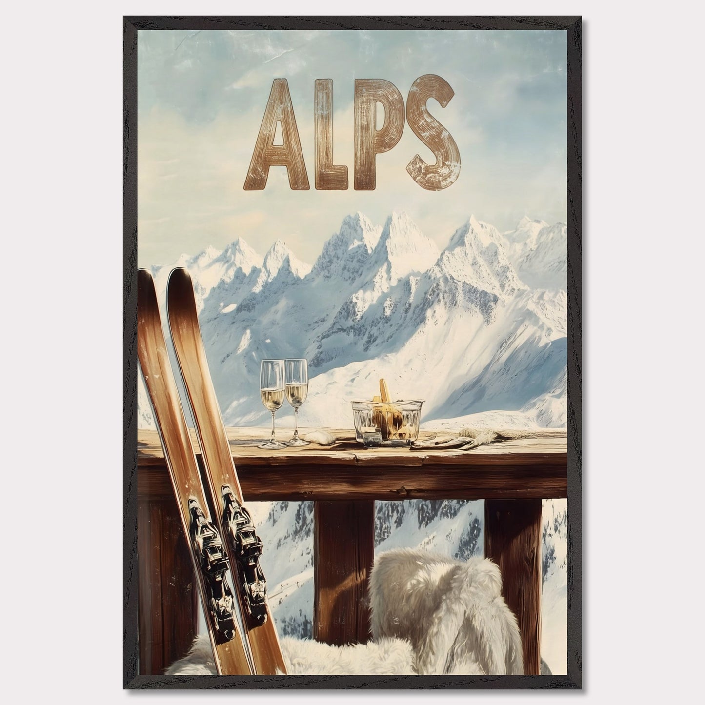 This vibrant poster captures the charm of après-ski culture with a rustic wooden terrace overlooking snow-covered mountains. The warm textures of fur throws and the elegant wine glasses create an inviting post-ski ambiance.