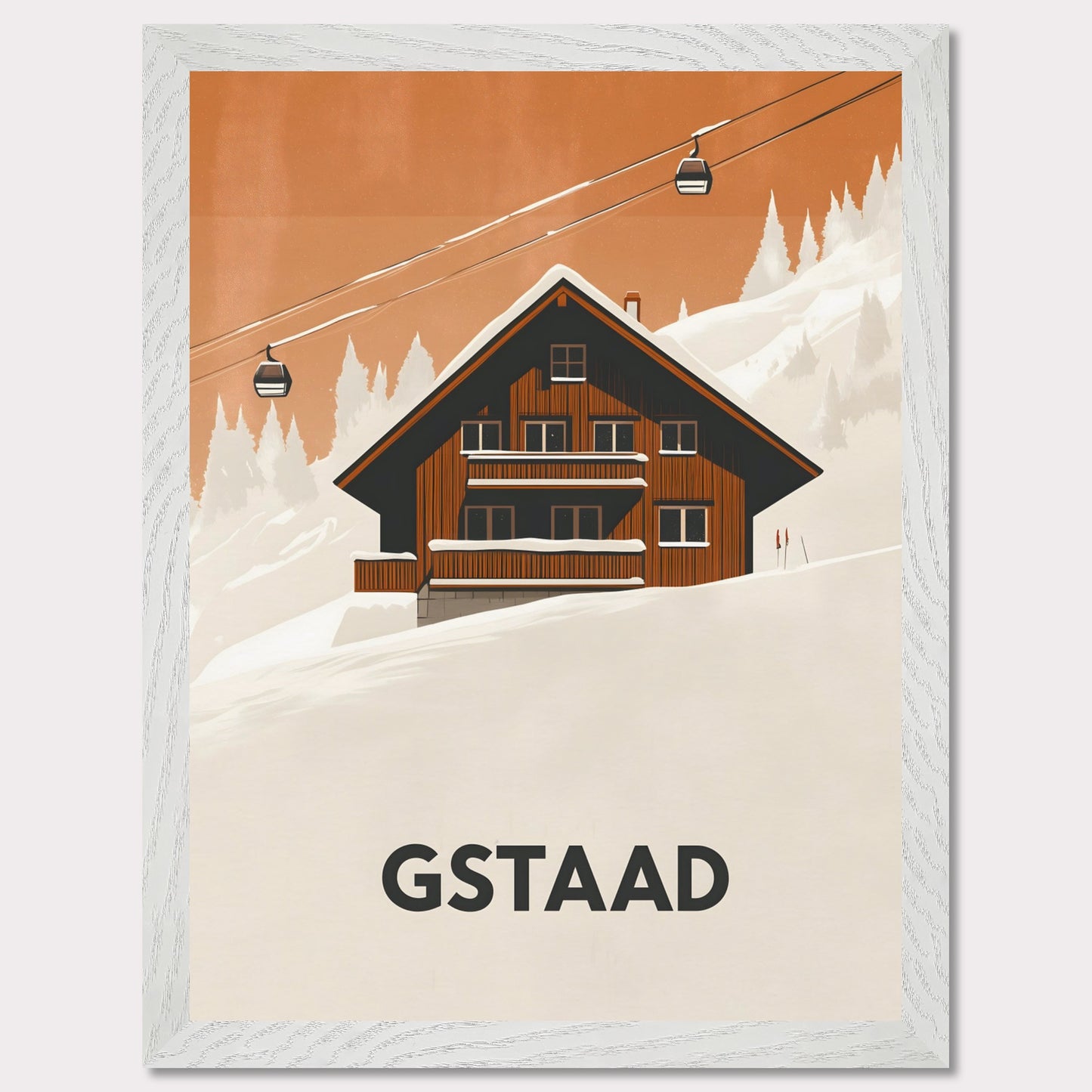 A warm, inviting scene of a traditional Swiss chalet surrounded by snowy slopes. A cable car ascends into the distance, emphasizing the region’s skiing culture and cozy mountain retreat.