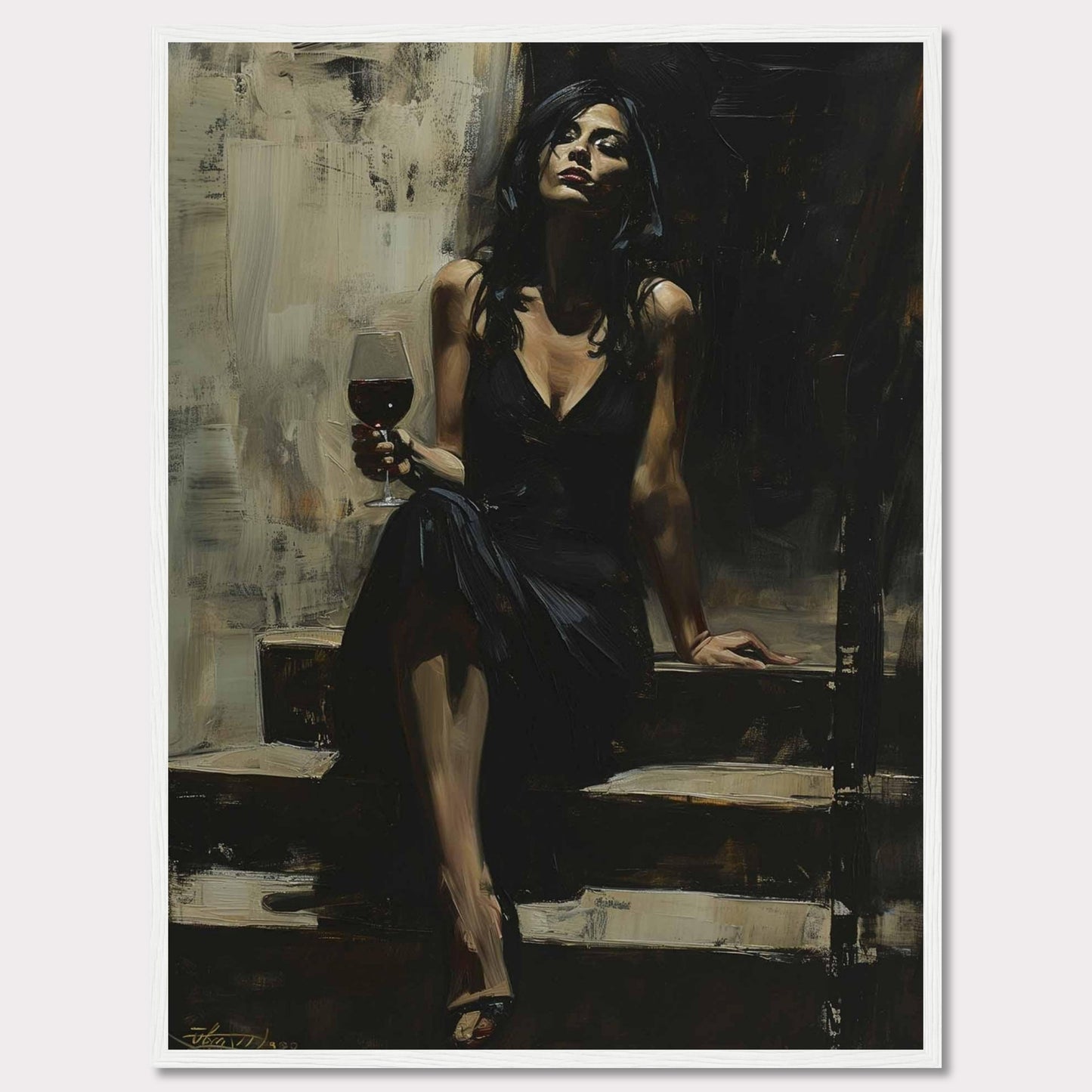 This captivating painting depicts a woman in an elegant black dress, seated on a set of steps. She holds a glass of red wine, exuding confidence and sophistication. The dark, moody background contrasts with her poised demeanor, creating a sense of intrigue and allure.