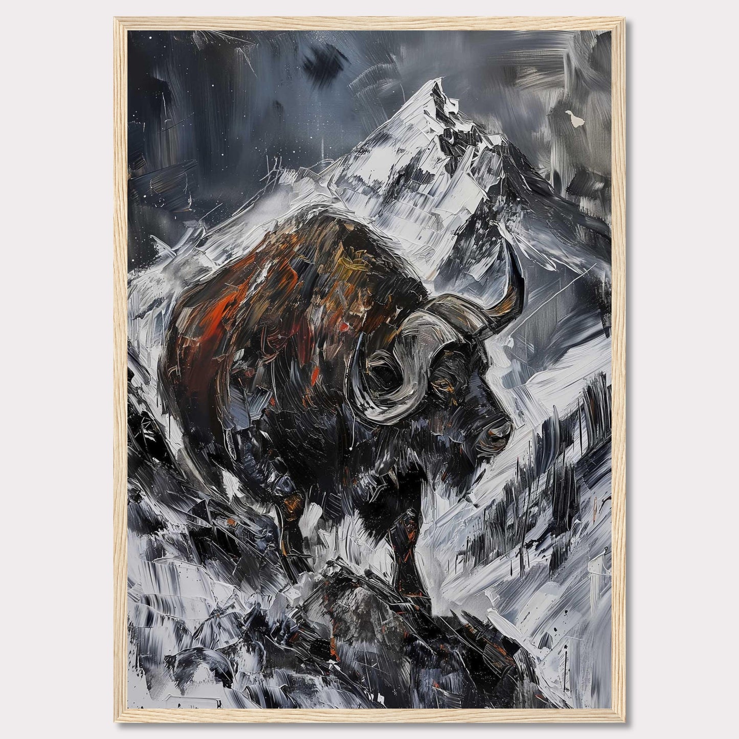 This striking painting captures the raw power of a buffalo against a dramatic mountainous backdrop. The bold brushstrokes and intense colors create a sense of movement and energy.