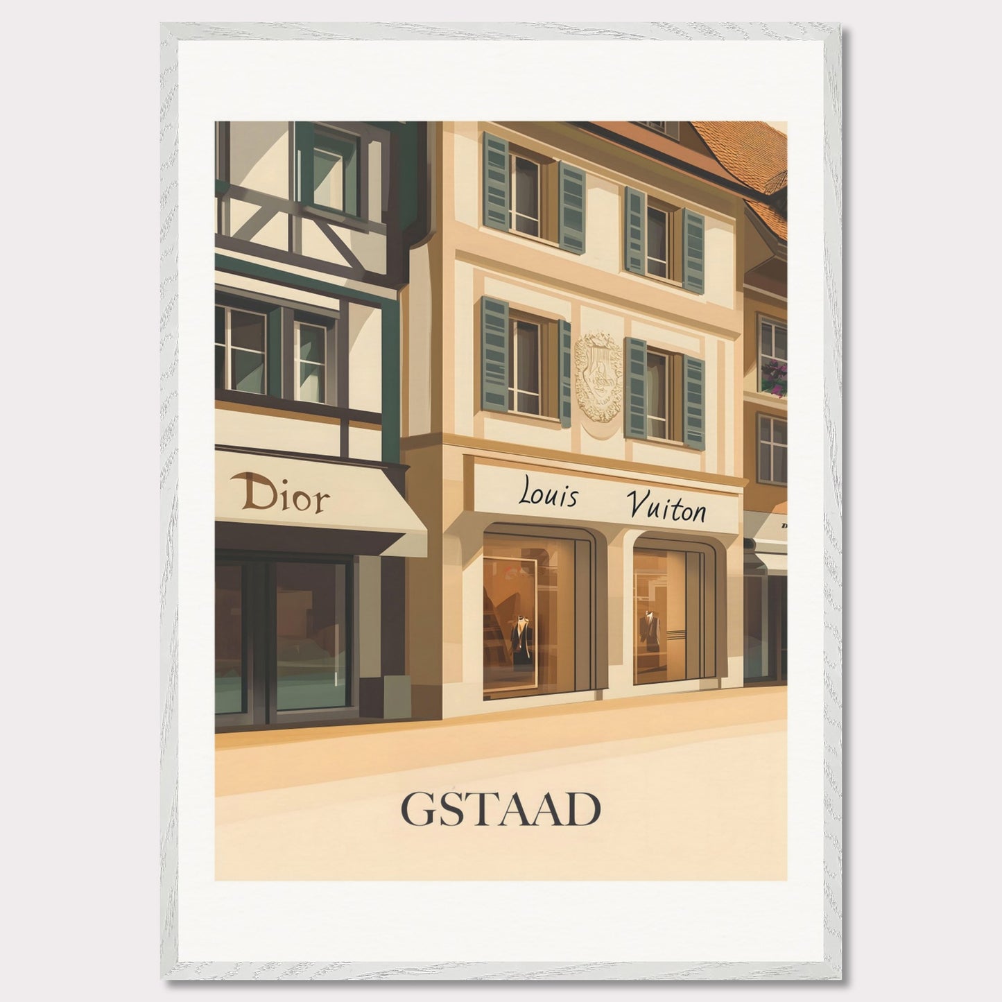 A beautifully illustrated poster showcasing Gstaad’s world-class shopping scene. The charming facades of Dior and Louis Vuitton boutiques reflect the town’s upscale ambiance.