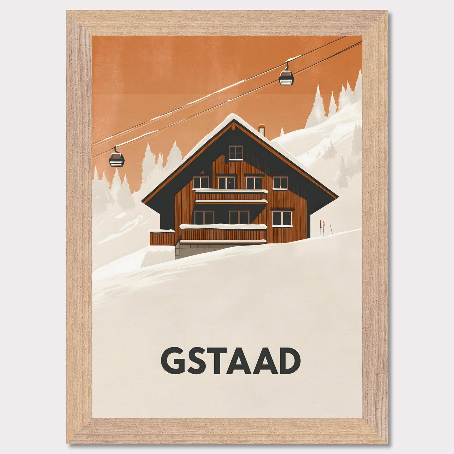 A warm, inviting scene of a traditional Swiss chalet surrounded by snowy slopes. A cable car ascends into the distance, emphasizing the region’s skiing culture and cozy mountain retreat.