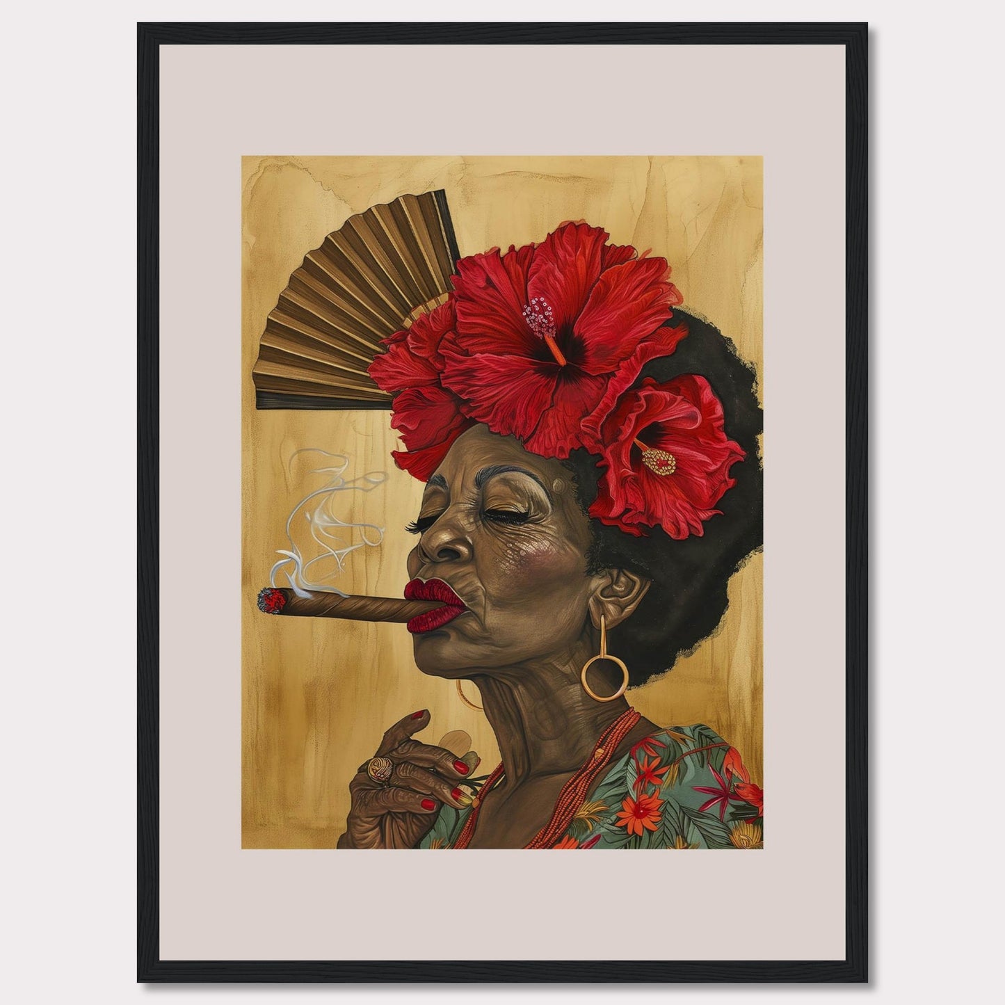 This captivating artwork features a dignified elderly woman smoking a cigar, adorned with vibrant red hibiscus flowers in her hair. Behind her, a traditional hand fan adds a touch of cultural elegance to the scene. The rich colors and intricate details bring out her character and grace.