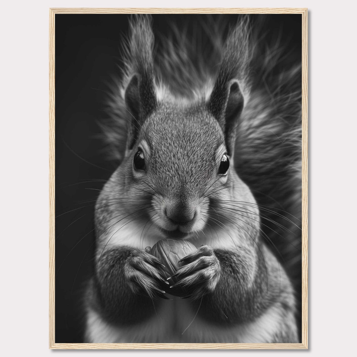 This captivating black and white photograph showcases a close-up of a squirrel holding a nut. The fine details of the squirrel's fur and the texture of the nut are beautifully highlighted, creating a striking contrast against the dark background. The squirrel's focused gaze adds an element of intensity to the image.