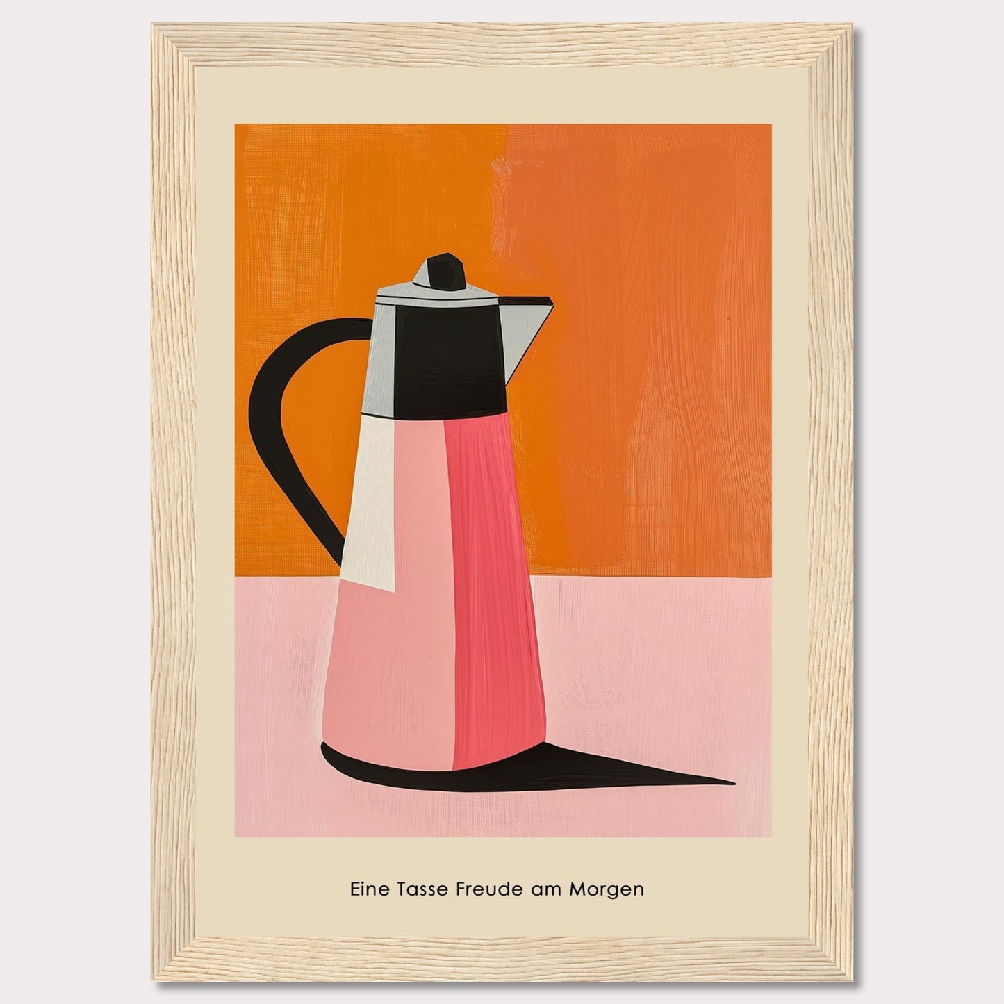 This image features a vibrant, modern art depiction of a coffee pot against a bold orange and pink background.