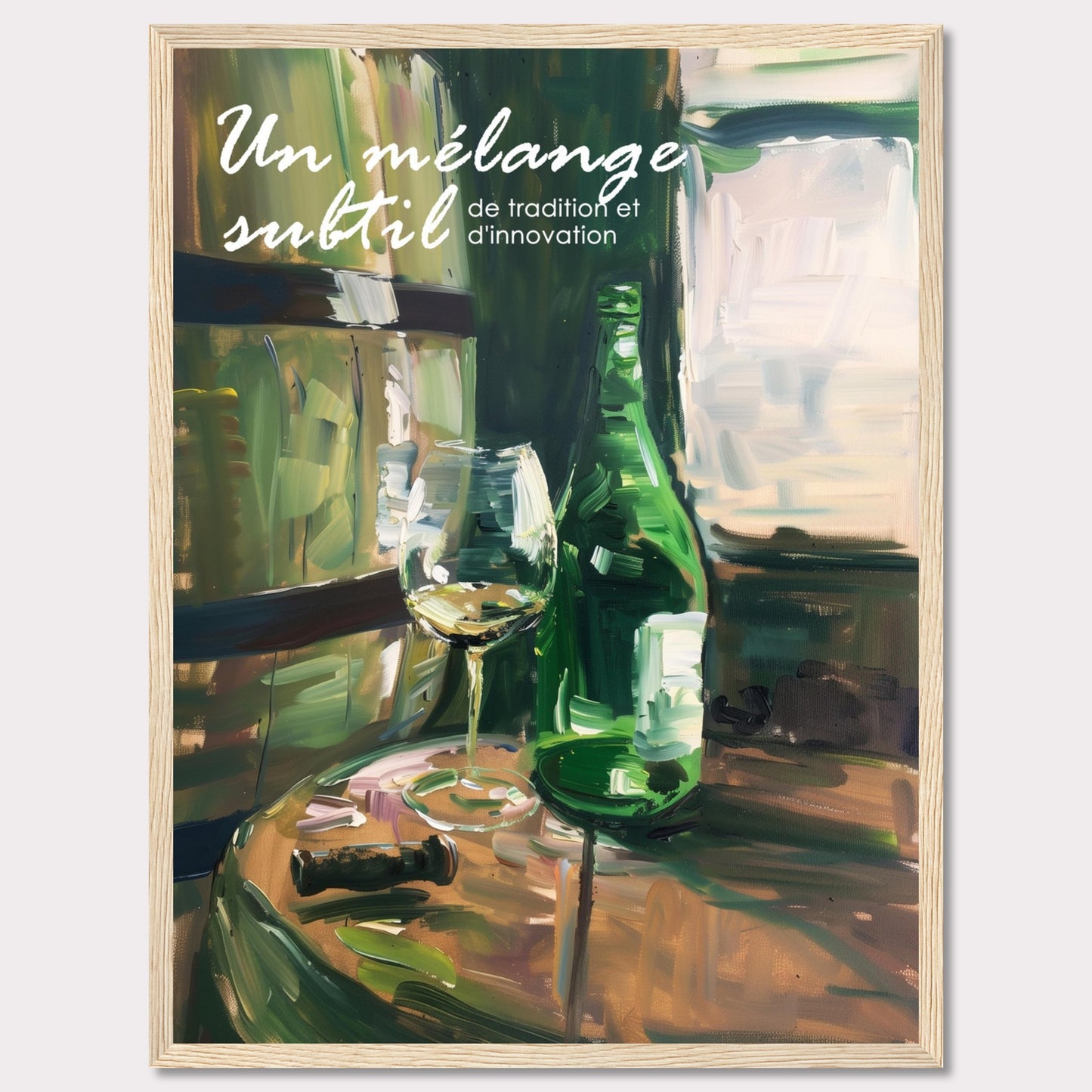 This image showcases a beautifully painted scene of a wine bottle and glass on a wooden table, evoking a sense of sophistication and elegance. The text on the image reads "Un mélange subtil de tradition et d'innovation," which translates to "A subtle blend of tradition and innovation.