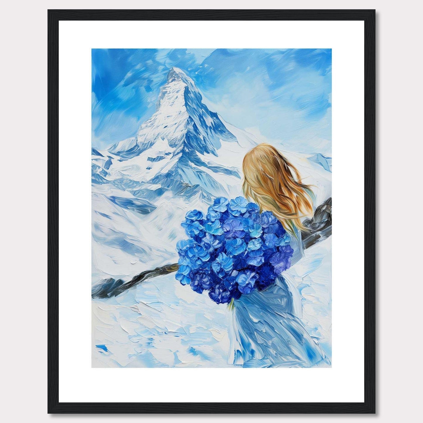 This captivating painting depicts a serene winter landscape with a majestic snow-covered mountain in the background. A woman with flowing blonde hair stands in the foreground, holding a vibrant bouquet of blue flowers. The sky is a brilliant shade of blue, complementing the snowy scenery.