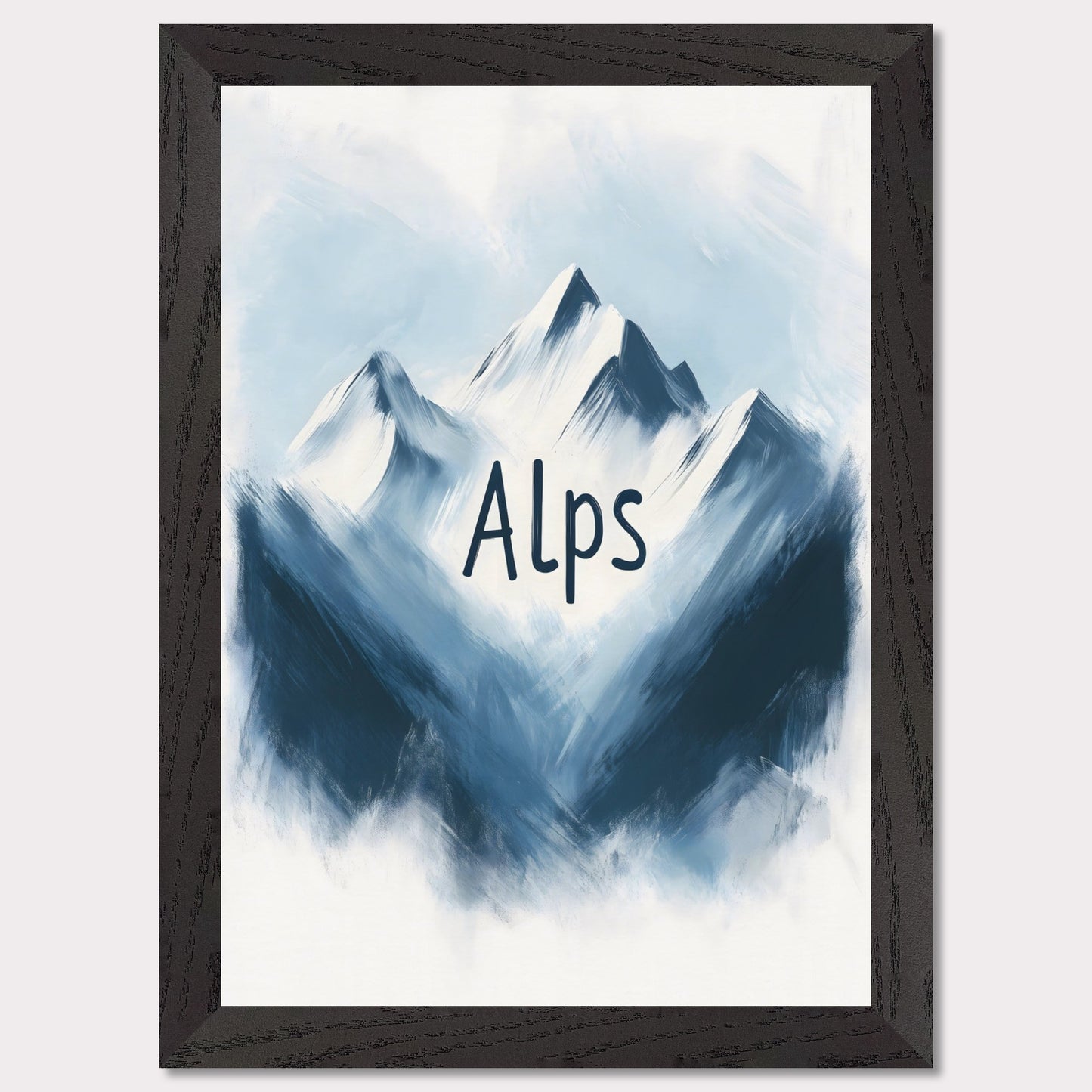 This minimalistic poster captures the raw beauty of alpine peaks, portrayed in a painterly, soft blue tone. The ethereal ambiance evokes a sense of peace and awe, celebrating the untouched splendor of nature.