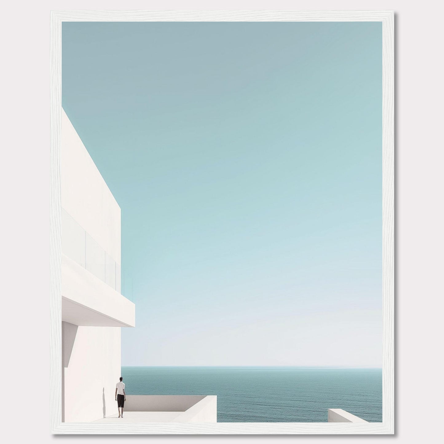 This serene image captures a minimalist coastal scene featuring a modern white building overlooking the tranquil ocean. A solitary figure stands on a balcony, gazing out at the expansive sea and clear sky. The composition exudes calmness and simplicity, inviting viewers to embrace a moment of peaceful reflection.