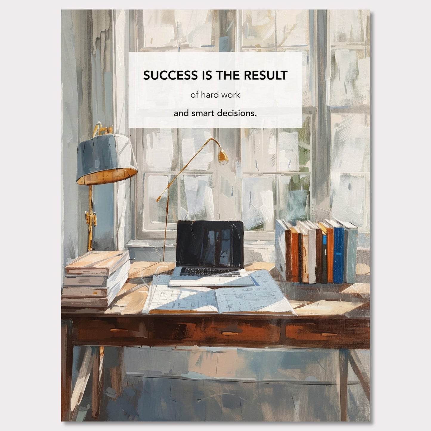 This inspiring poster showcases a serene and productive workspace bathed in natural light. The central message, "Success is the result of hard work and smart decisions," is prominently displayed.