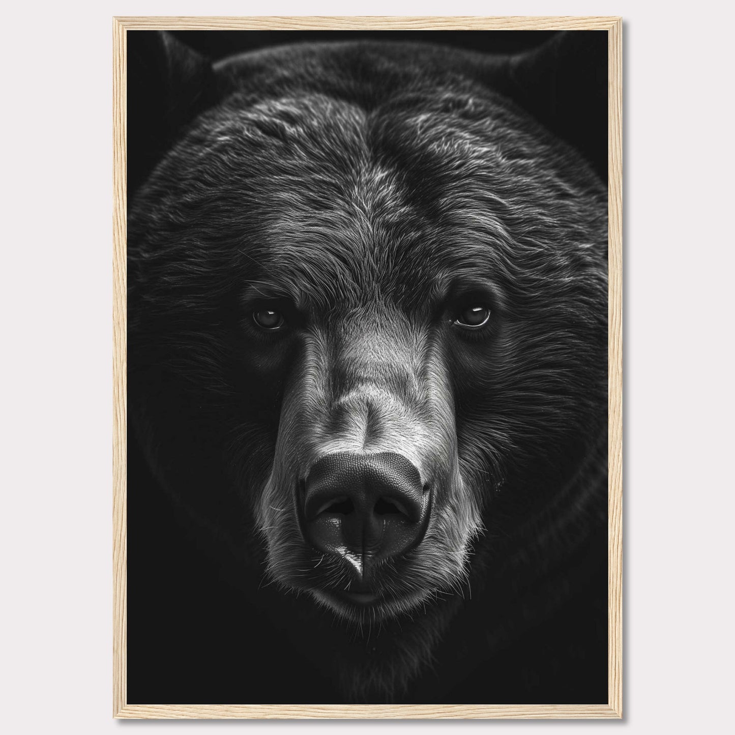 This striking black and white photograph captures the intense gaze of a bear, emphasizing its powerful presence and majestic features. The close-up shot highlights the intricate details of the bear's fur and facial structure, creating a captivating and dramatic effect.