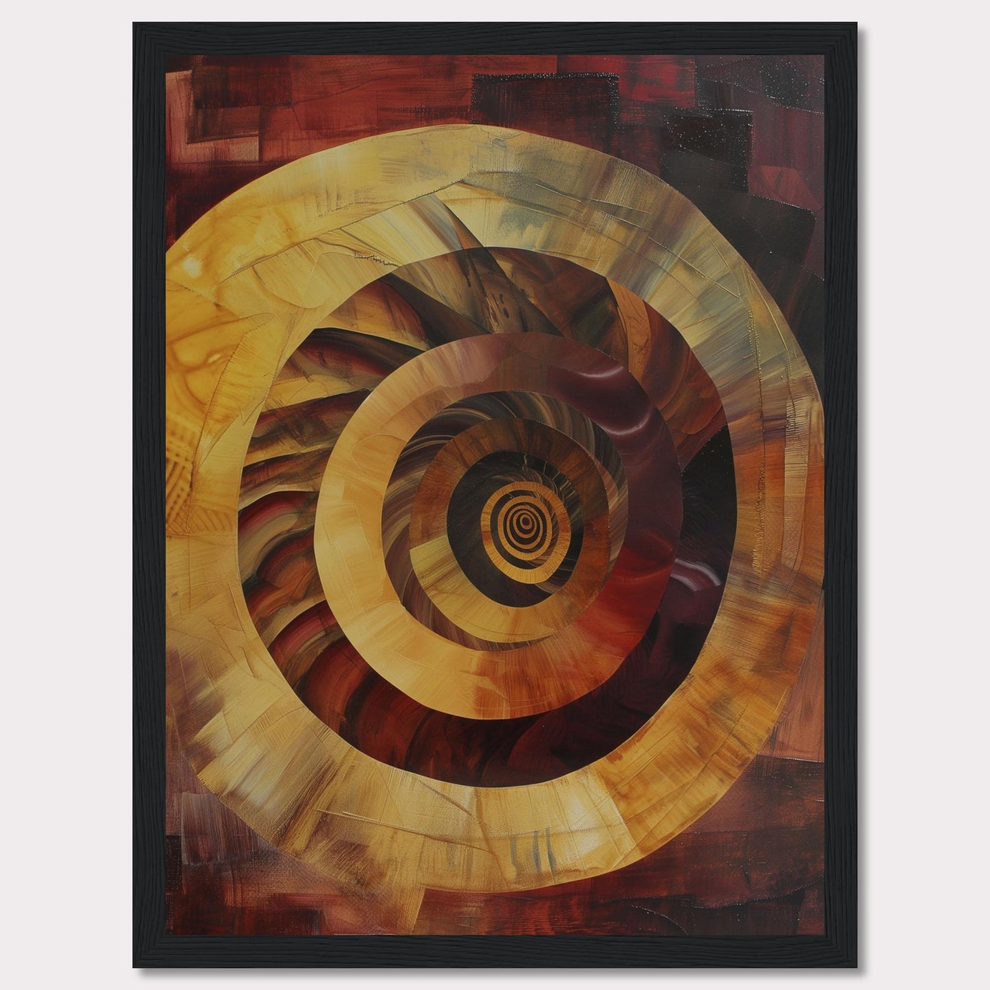 This captivating abstract painting features a mesmerizing spiral design, drawing the viewer into its depths. The artwork is dominated by warm tones of red, orange, and yellow, creating a sense of movement and energy.