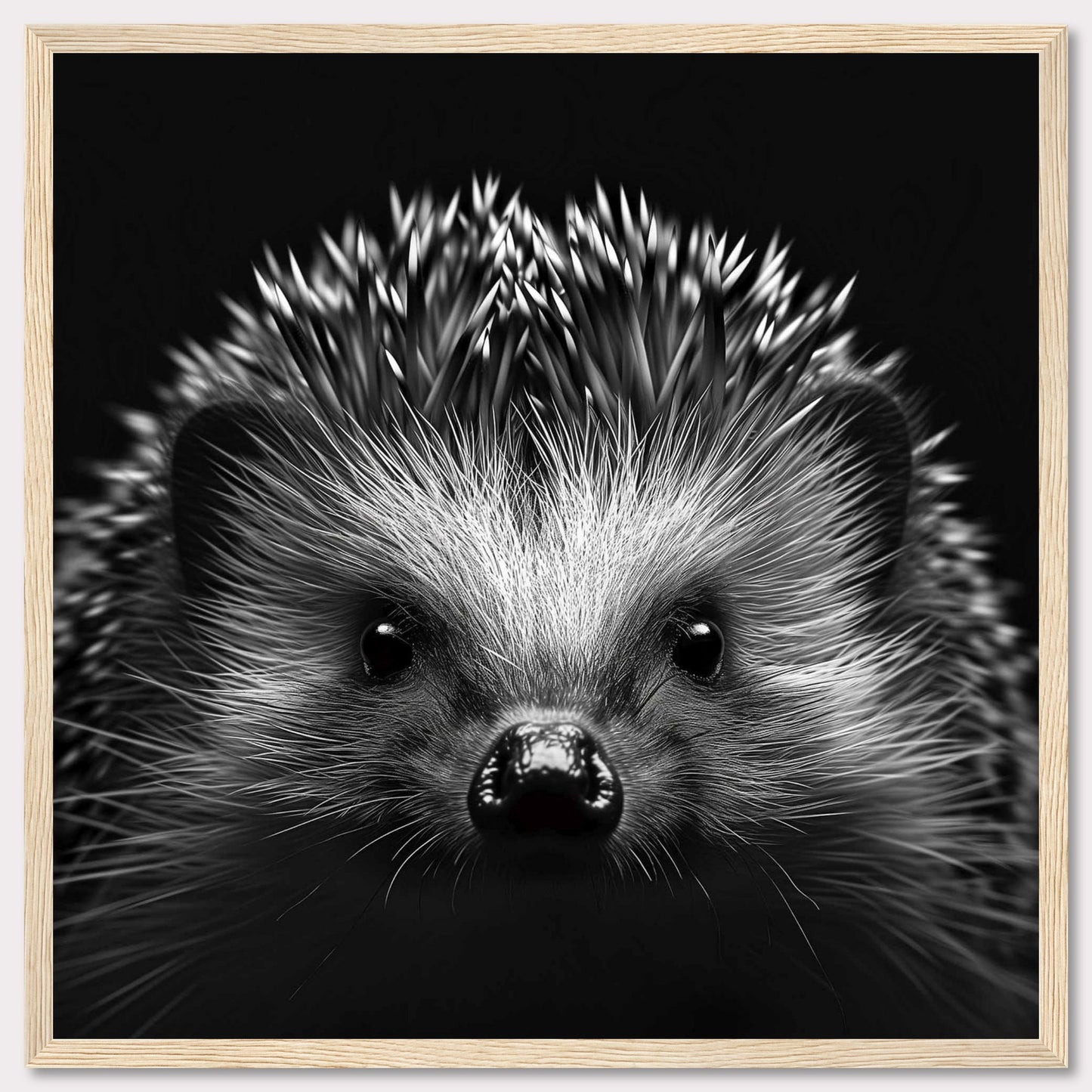 This captivating black and white photograph showcases the adorable face of a hedgehog, with its quills prominently displayed. The close-up shot emphasizes the intricate details of its fur and the curious expression in its eyes.