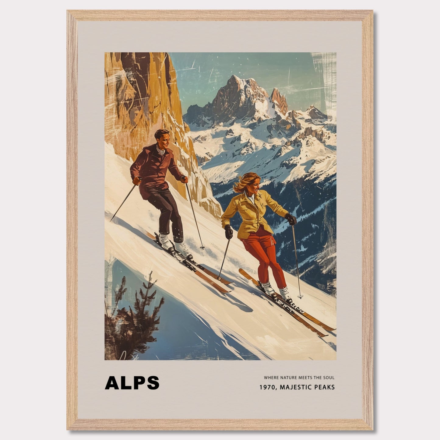 This striking vintage poster celebrates the grandeur of the Alps, depicting a dynamic pair of skiers descending snowy slopes with towering peaks in the background. Their confident movements against the crisp, majestic scenery capture the essence of alpine adventure. The warm, retro tones paired with the timeless typography evoke a sense of nostalgia and the spirit of mountain exploration.