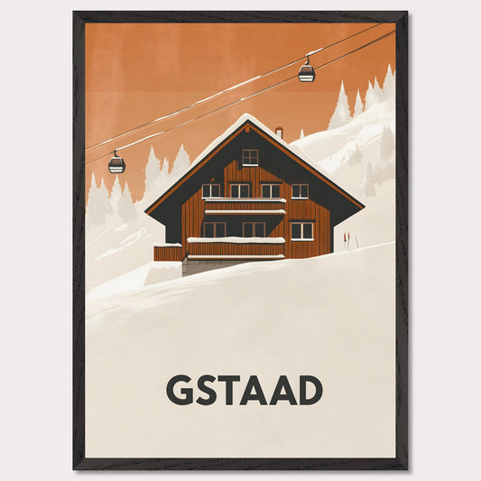 A warm, inviting scene of a traditional Swiss chalet surrounded by snowy slopes. A cable car ascends into the distance, emphasizing the region’s skiing culture and cozy mountain retreat.