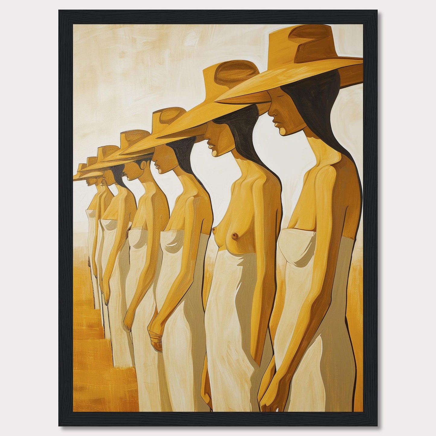 This striking artwork features a row of women standing in profile, each wearing a large hat and draped in a simple cloth. The painting captures a sense of unity and individuality through its minimalist style and warm color palette.