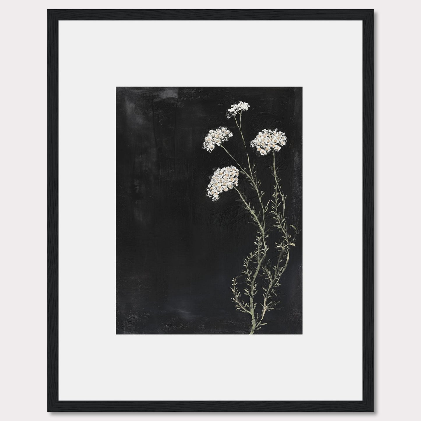 This elegant framed artwork features delicate white flowers against a deep black background, creating a striking contrast. The minimalist design emphasizes the natural beauty of the floral arrangement, making it a perfect addition to any modern interior.