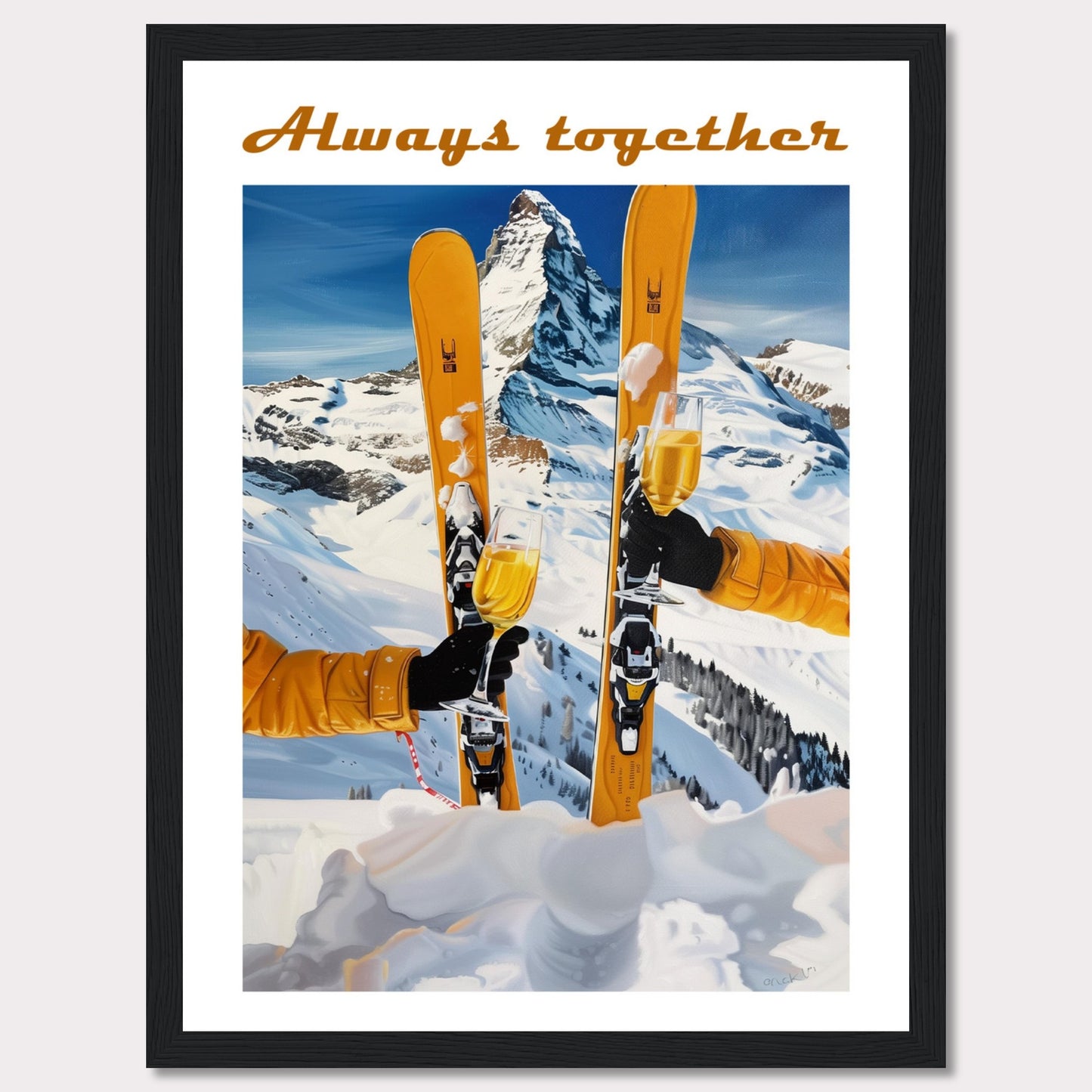 This image showcases a picturesque winter scene with two skiers celebrating on a snowy mountain. The central focus is on the skis and champagne glasses, symbolizing a joyous moment shared together.