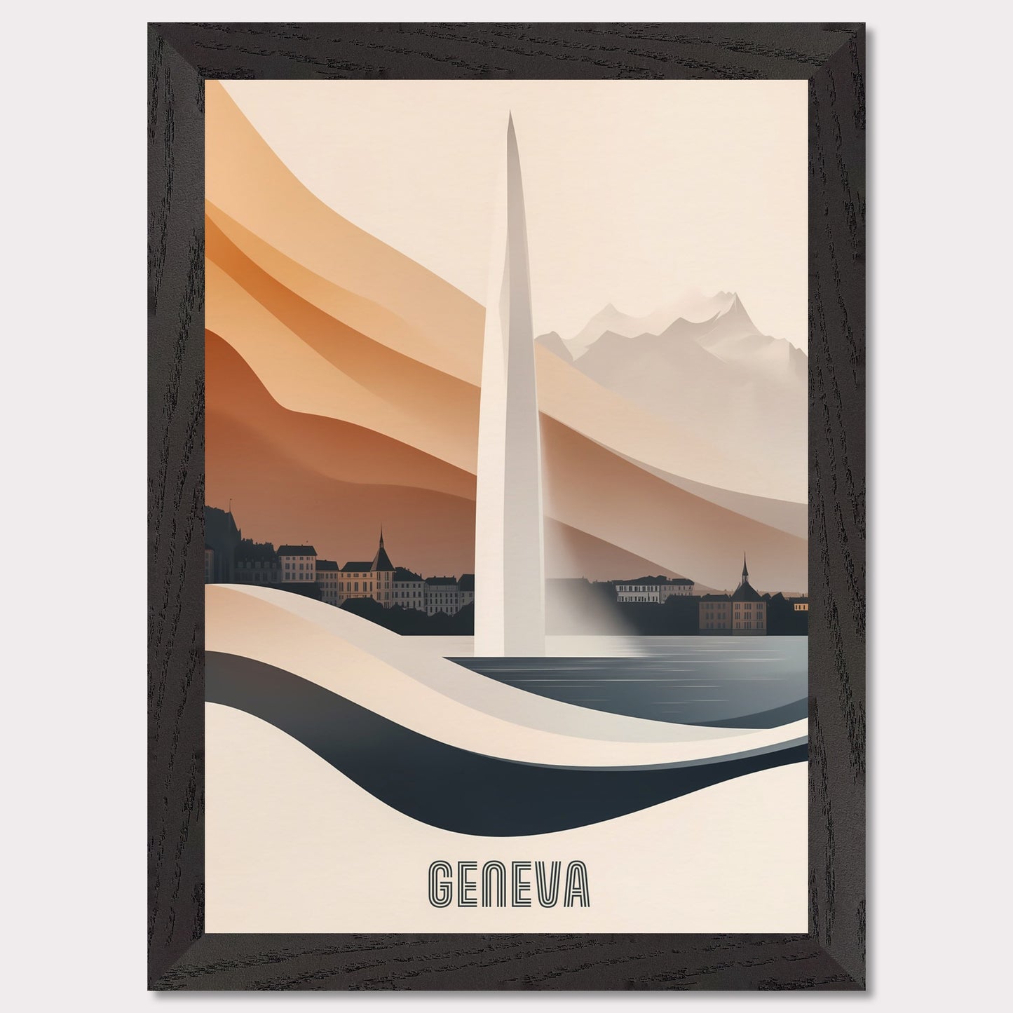 A modern and elegant poster of Geneva’s famous Jet d’Eau fountain, seamlessly blending into the landscape. Smooth curves and warm hues create a sense of fluidity and movement.