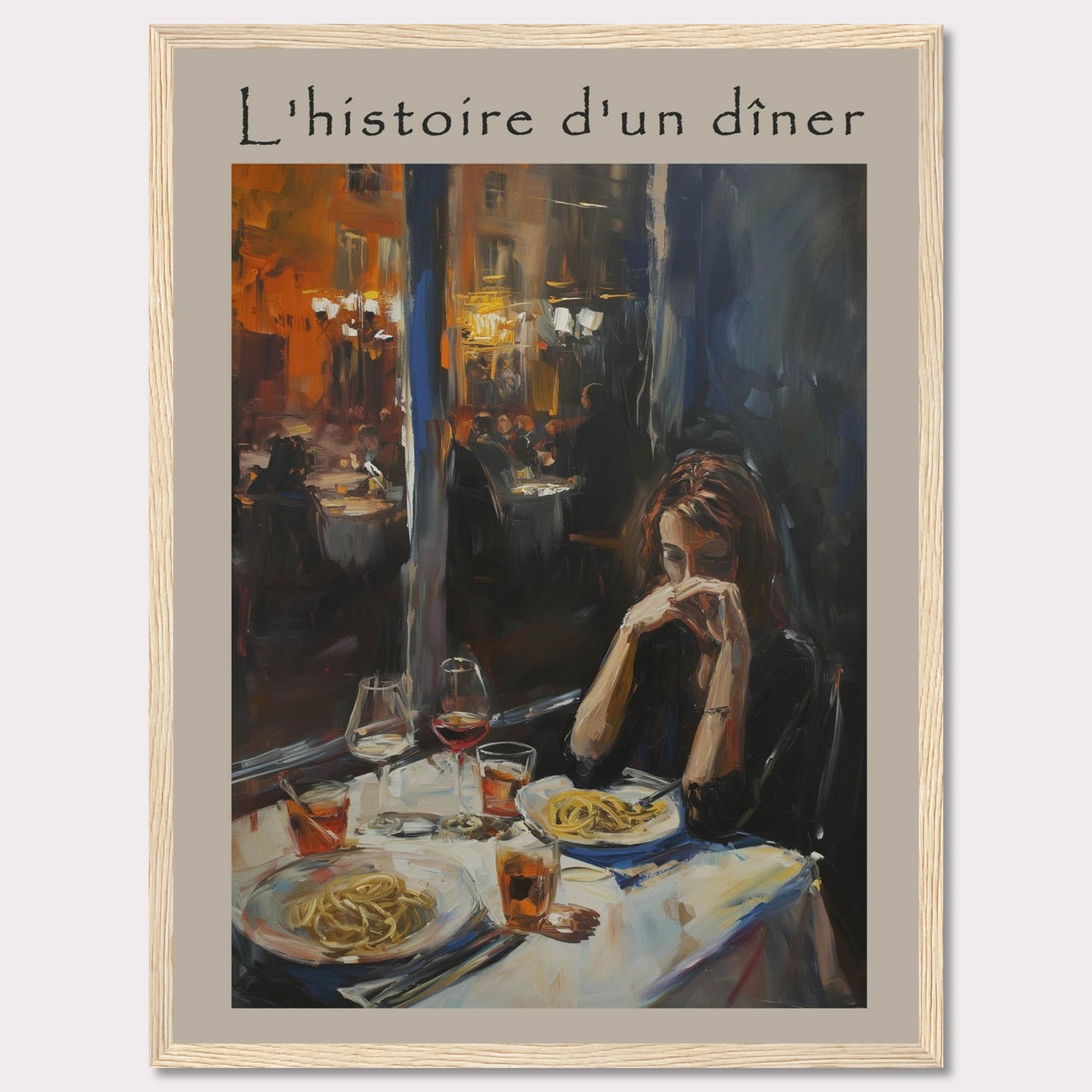 This painting, titled "L'histoire d'un dîner," depicts a solitary woman deep in thought at a dinner table. The scene is set in a warmly lit restaurant, with other diners visible in the background. The table is elegantly set with plates of pasta and glasses of wine, creating an intimate and reflective atmosphere.