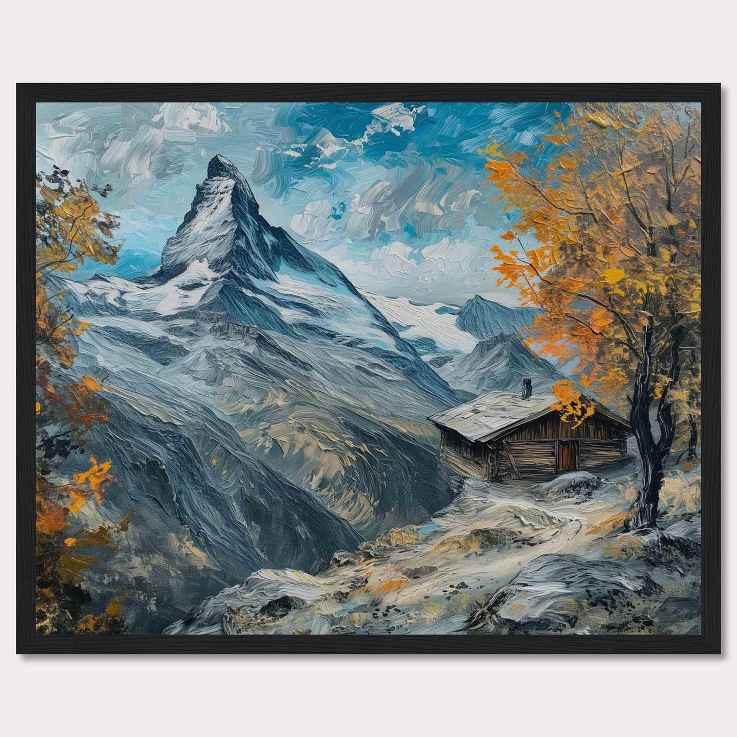 This stunning painting captures a serene mountain landscape with a quaint cabin nestled among the snow-covered peaks. The vibrant autumn foliage adds a splash of color against the majestic backdrop of towering mountains and a clear blue sky.