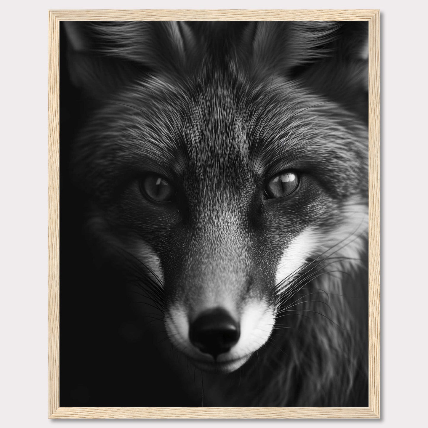 This striking black and white portrait captures the intense gaze of a fox, showcasing its majestic and enigmatic beauty. The detailed fur texture and sharp eyes draw you into the wild essence of this captivating creature.