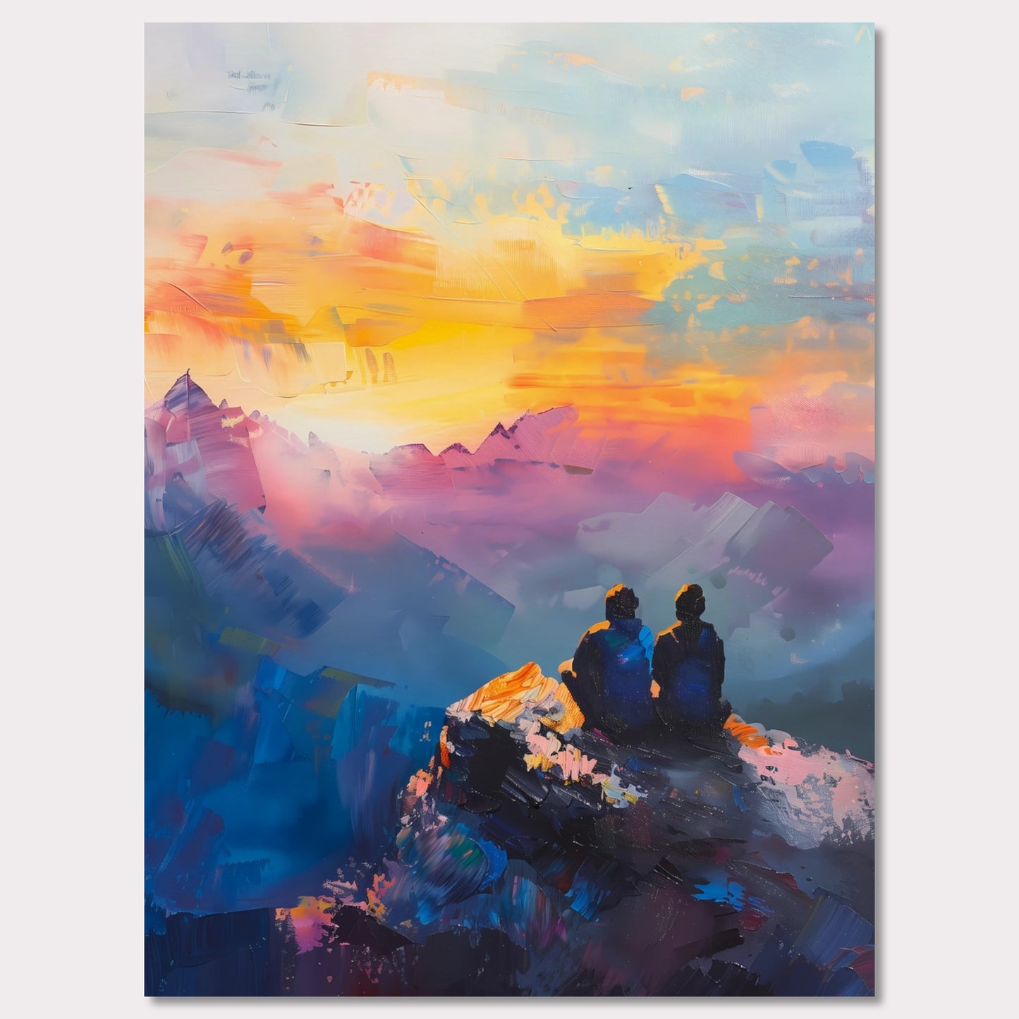 This is an illustration of two people sitting on a rocky cliff, overlooking a vibrant and colorful sunset or sunrise. The sky is painted with warm hues of orange, yellow, and pink, blending into cooler tones of blue and purple.