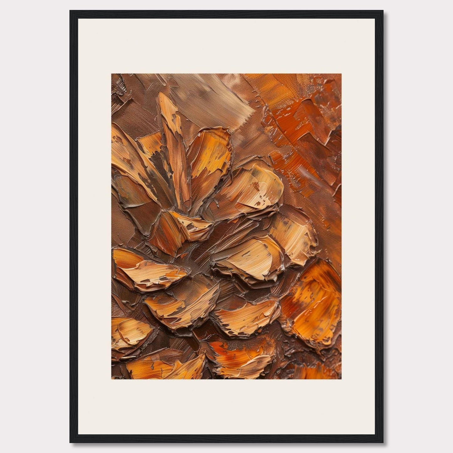 This image showcases a textured painting of a pine cone, rendered in rich, earthy tones. The thick, impasto technique gives the artwork a three-dimensional feel, making the pine cone appear almost lifelike. The painting is framed in a sleek black frame with a white matting that enhances its visual appeal.