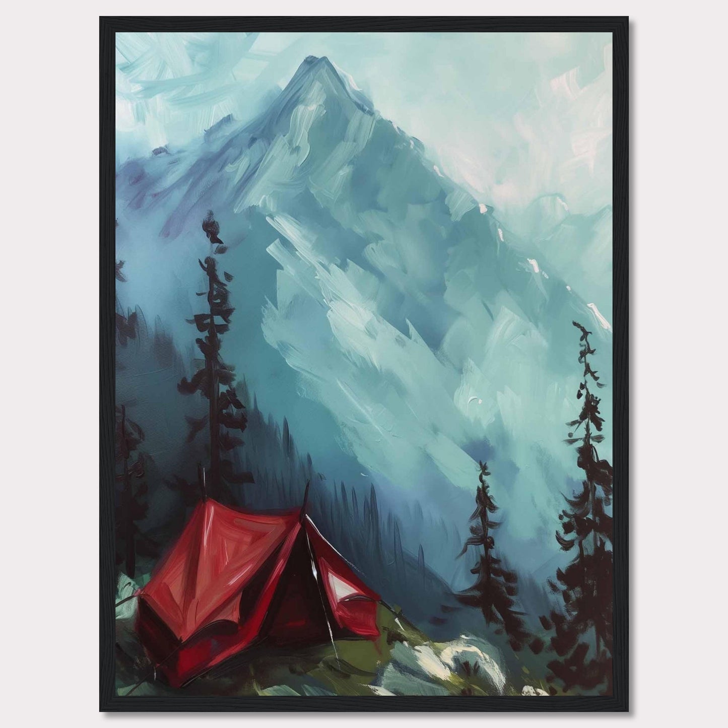 This captivating painting depicts a serene mountain landscape with a vibrant red tent pitched among tall pine trees. The majestic mountain in the background is shrouded in mist, adding a sense of mystery and tranquility to the scene. The contrast between the bold red tent and the cool blue tones of the mountain creates a striking visual effect.