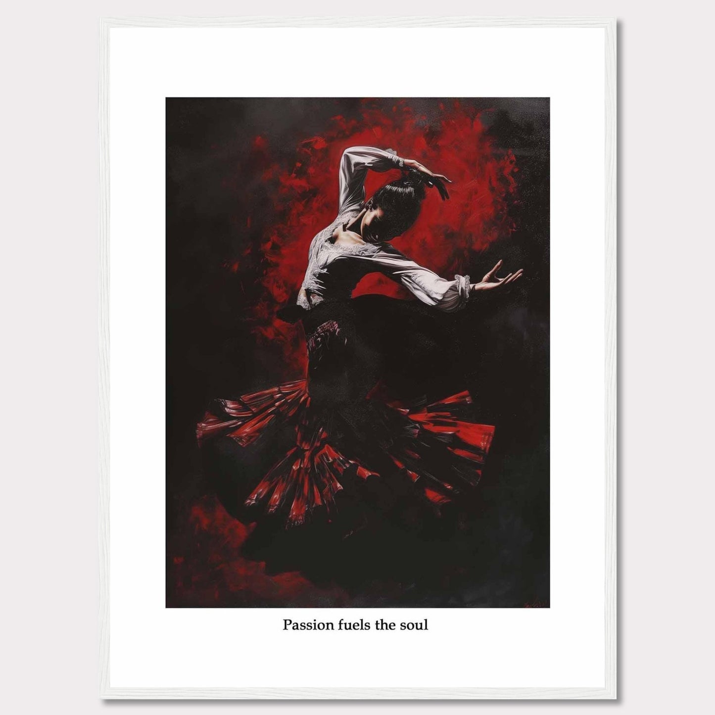 This captivating image depicts a flamenco dancer enveloped in a swirl of red and black, showcasing the intensity and passion of the dance. The dancer's expressive pose and flowing costume create a dynamic and powerful visual impact.