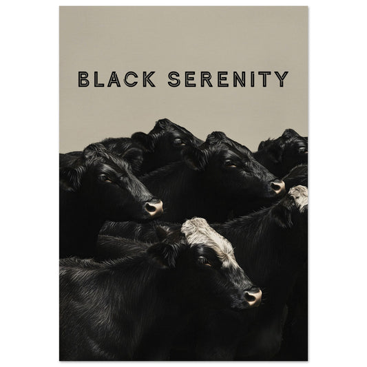 This image showcases a serene group of black cows, with one cow featuring a distinctive white marking on its head. The title "BLACK SERENITY" is prominently displayed at the top, emphasizing the calm and peaceful nature of the scene.