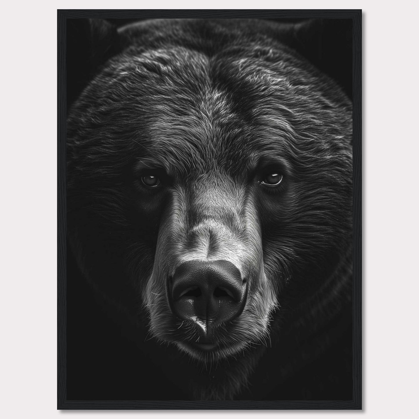 This striking black and white photograph captures the intense gaze of a bear, emphasizing its powerful presence and majestic features. The close-up shot highlights the intricate details of the bear's fur and facial structure, creating a captivating and dramatic effect.