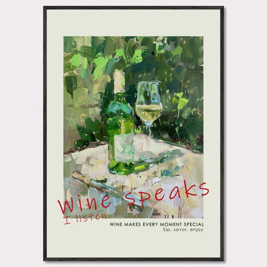 A vibrant painting captures a serene moment with a bottle of wine and a filled glass on a table, surrounded by lush greenery.