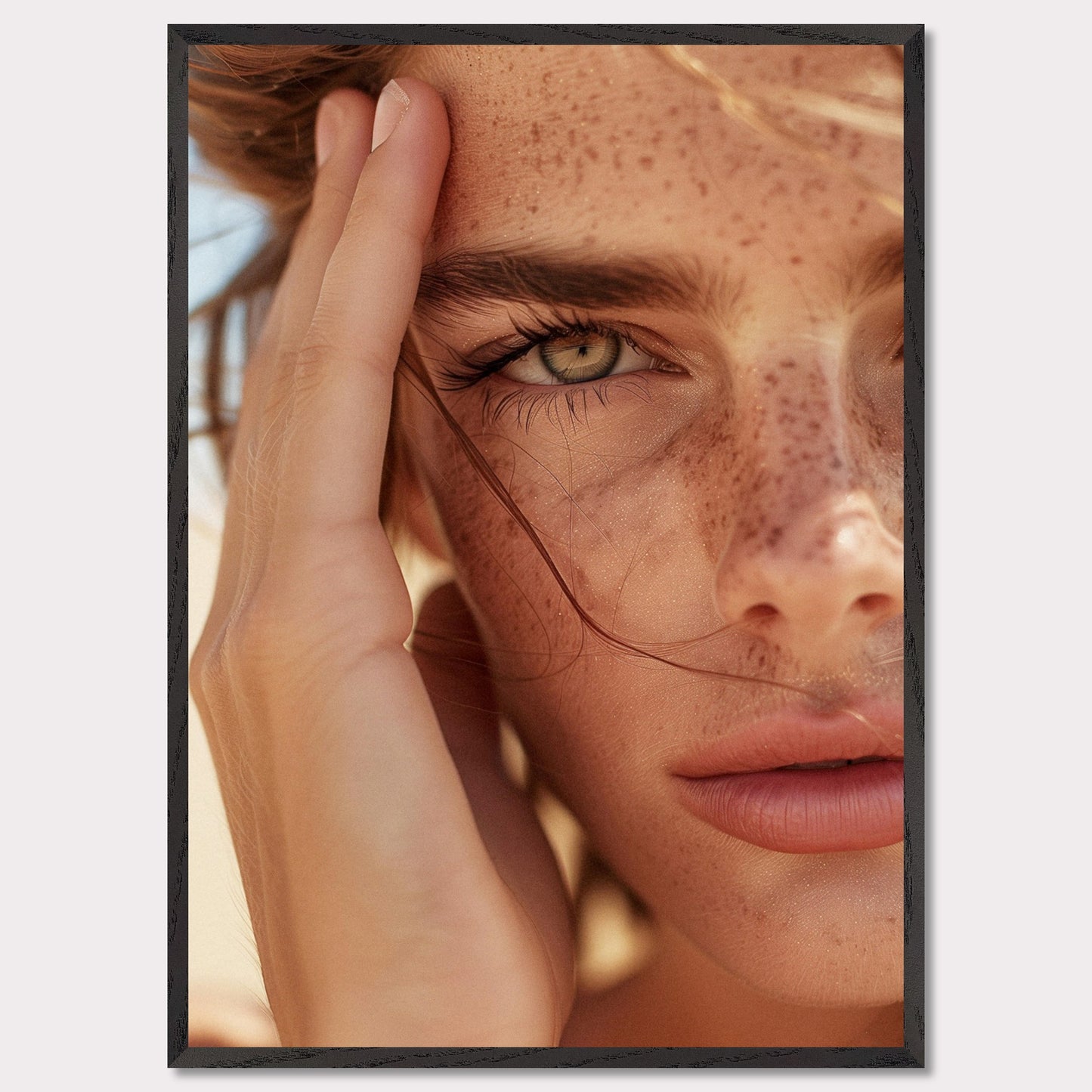 This captivating close-up portrait showcases the natural beauty of a person with freckles and an intense gaze.