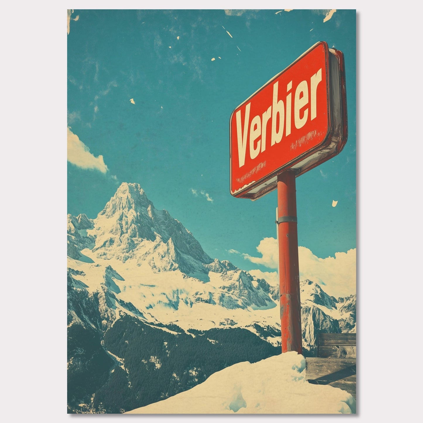 This striking retro-style poster showcases the iconic "Verbier" sign against the backdrop of towering snow-covered peaks and a bright blue sky. The rustic sign, partially worn by time, perfectly complements the expansive, untouched wilderness of the Swiss Alps. The vintage color palette and texture evoke a sense of nostalgia, capturing the allure of Verbier as a timeless destination for adventure and escape into nature’s beauty.