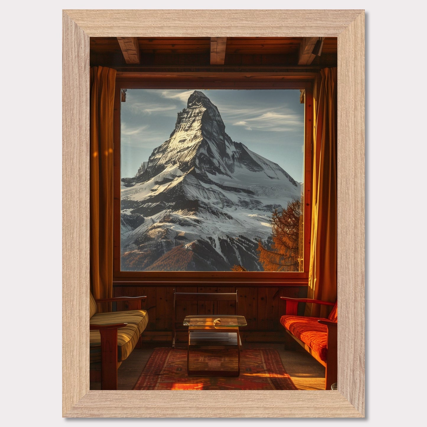 This stunning image captures a breathtaking view of a snow-capped mountain through a large window from a cozy wooden cabin. The warm interior contrasts beautifully with the majestic, cold mountain outside.