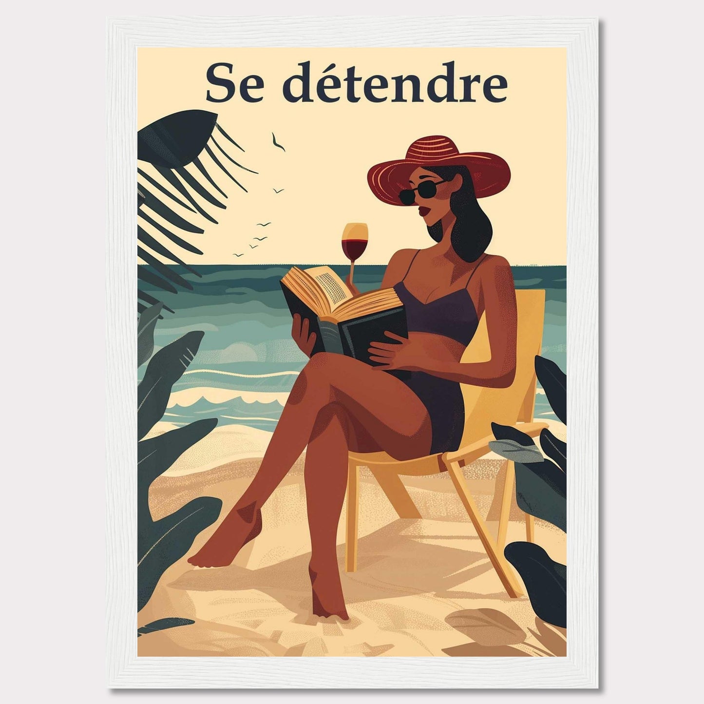 This illustration captures a serene beach scene with a woman relaxing on a chair, reading a book, and enjoying a glass of wine. The text "Se détendre" at the top translates to "Relax" in English.