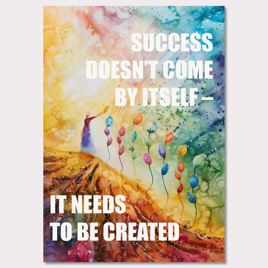 Colorful and inspiring poster featuring the motivational quote: "SUCCESS DOESN'T COME BY ITSELF - IT NEEDS TO BE CREATED".