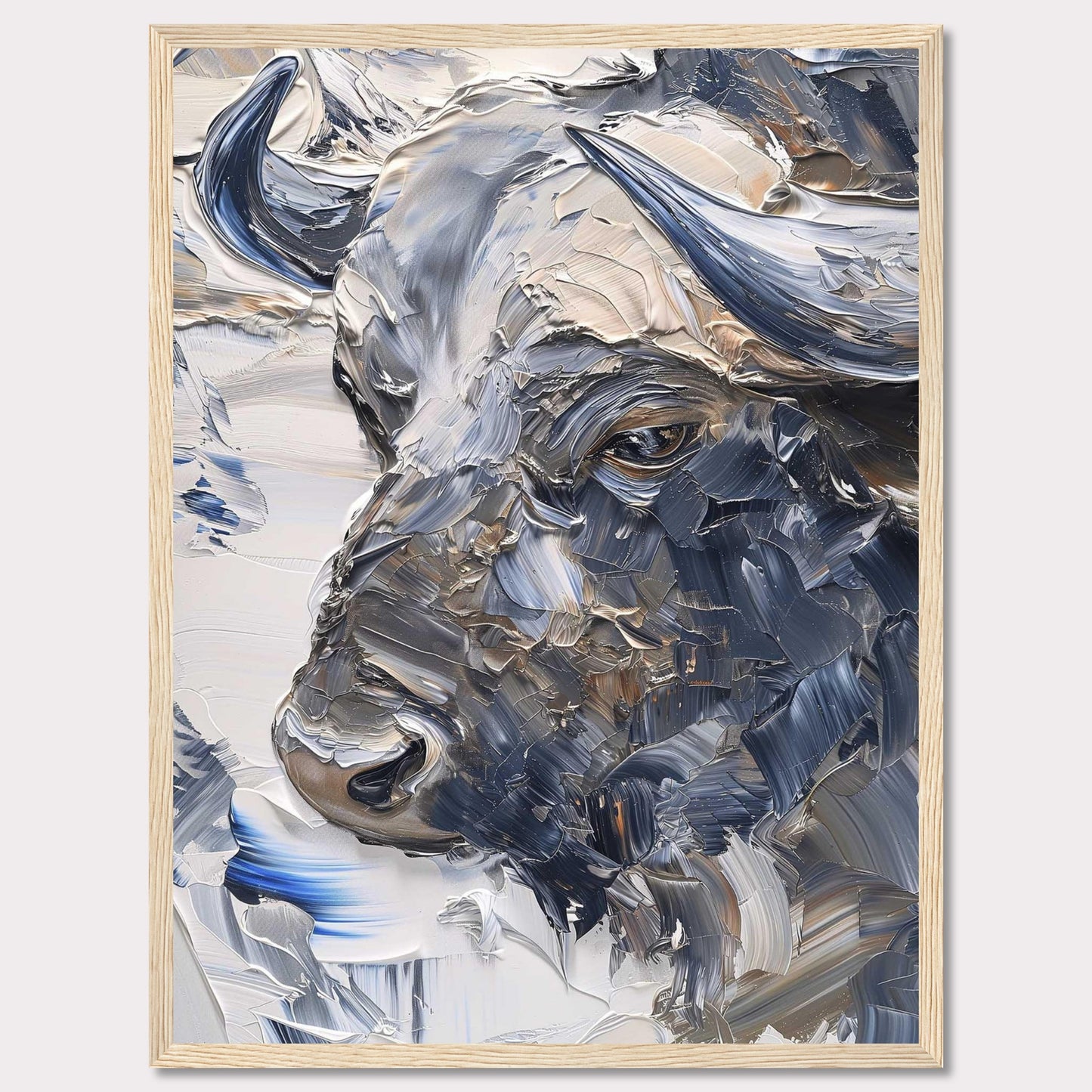 This stunning artwork captures the powerful essence of a bull through bold, textured brushstrokes. The painting's rich, earthy tones and dynamic use of color create a sense of strength and majesty.