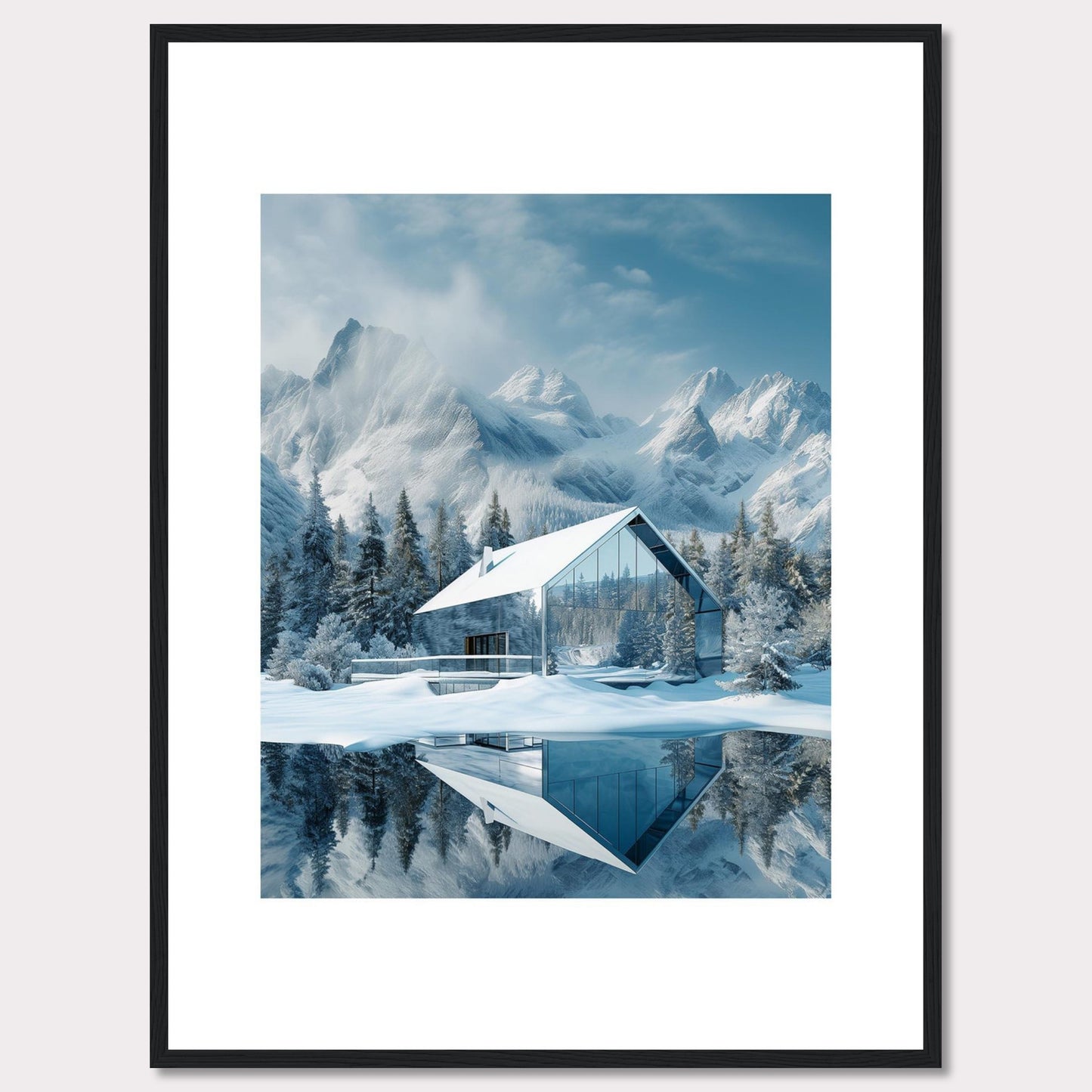 This stunning image showcases a modern glass house nestled in a serene snowy landscape, with majestic mountains in the background. The reflection of the house and trees on the calm water adds to the tranquil ambiance.