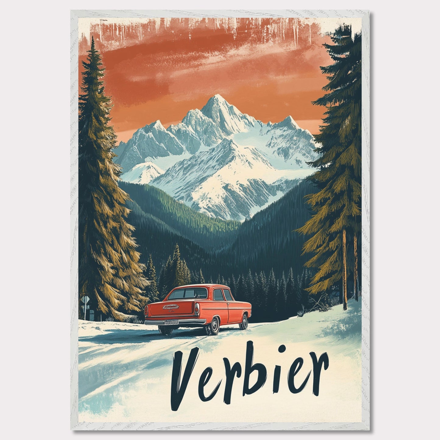 This striking retro-style poster depicts a vintage car driving through a snowy mountain landscape in Verbier. The red car stands out against the backdrop of majestic, snow-covered peaks and towering trees, with the warm orange hues of the sky adding to the nostalgic vibe. The vintage typography and artistic style evoke the allure of road trips through the Swiss Alps, offering a sense of freedom and adventure in a winter wonderland.