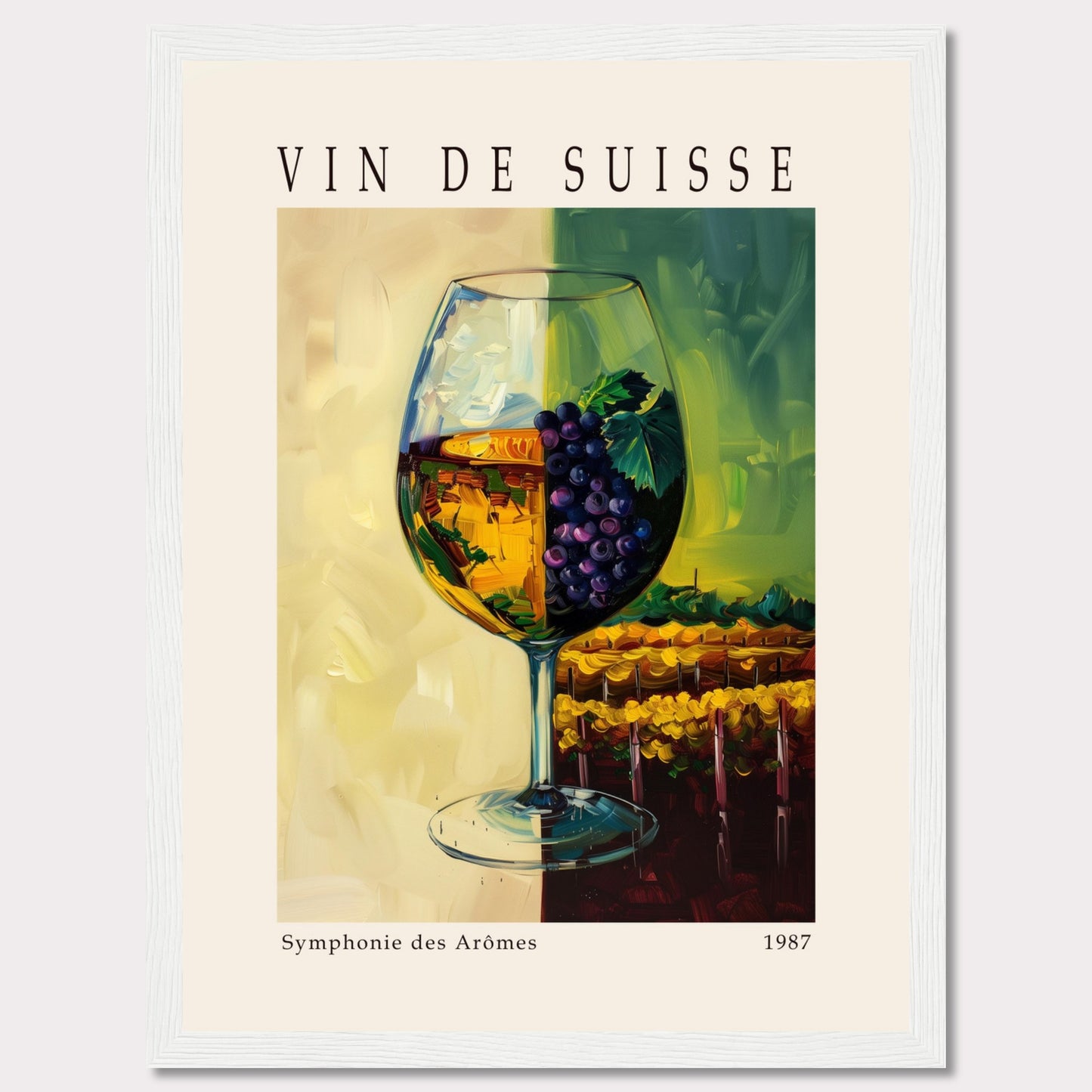 This vibrant poster showcases a wine glass filled with white wine, adorned with a cluster of purple grapes and green leaves. The background features a picturesque vineyard scene, split into two contrasting hues of yellow and green.