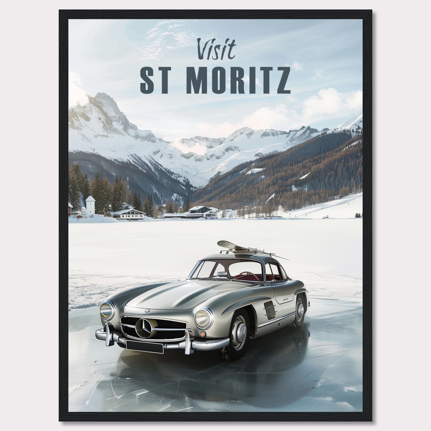 Discover the breathtaking beauty of St. Moritz with this stunning poster. Featuring a classic silver car parked on a frozen lake, surrounded by majestic snow-capped mountains and cozy alpine chalets.